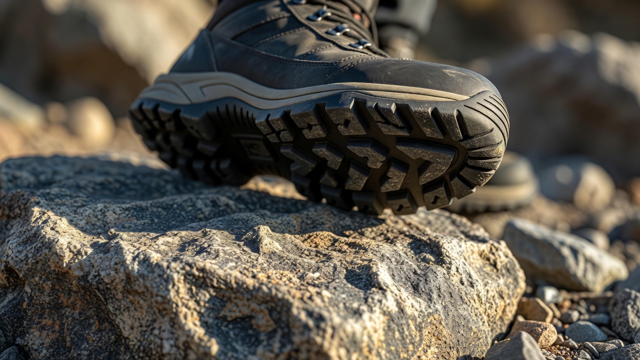 Shallow-focus close-up of hiking boot tread on rough stone