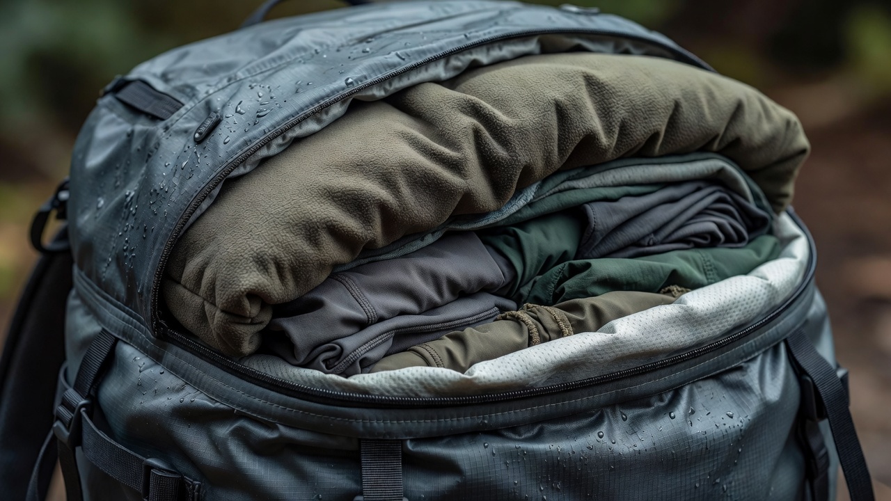 Close-up of waterproof fabric, an insulating layer and a packed hiking bag